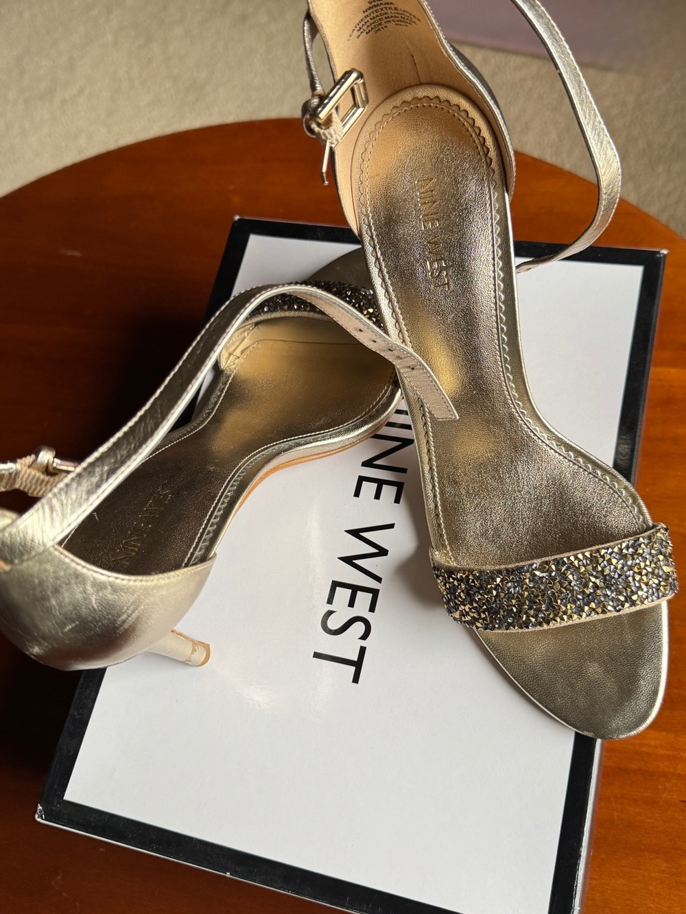Nine West Gold Crystal-Accented Ankle-Strap Heels